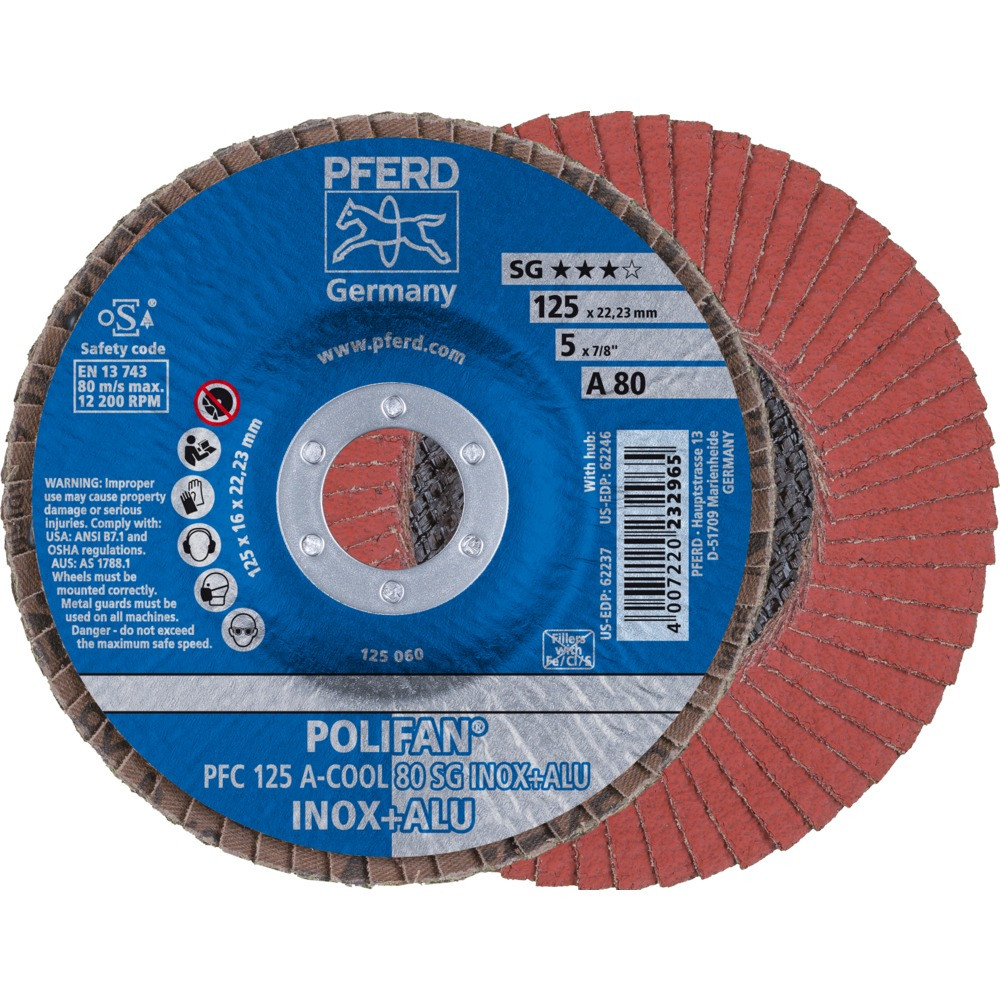 Круг (диск) шлифовальный торцевой лепестковый 125 мм POLIFAN PFC 125 А-COOL 80 SG INOX+ALU, Pferd, Германия