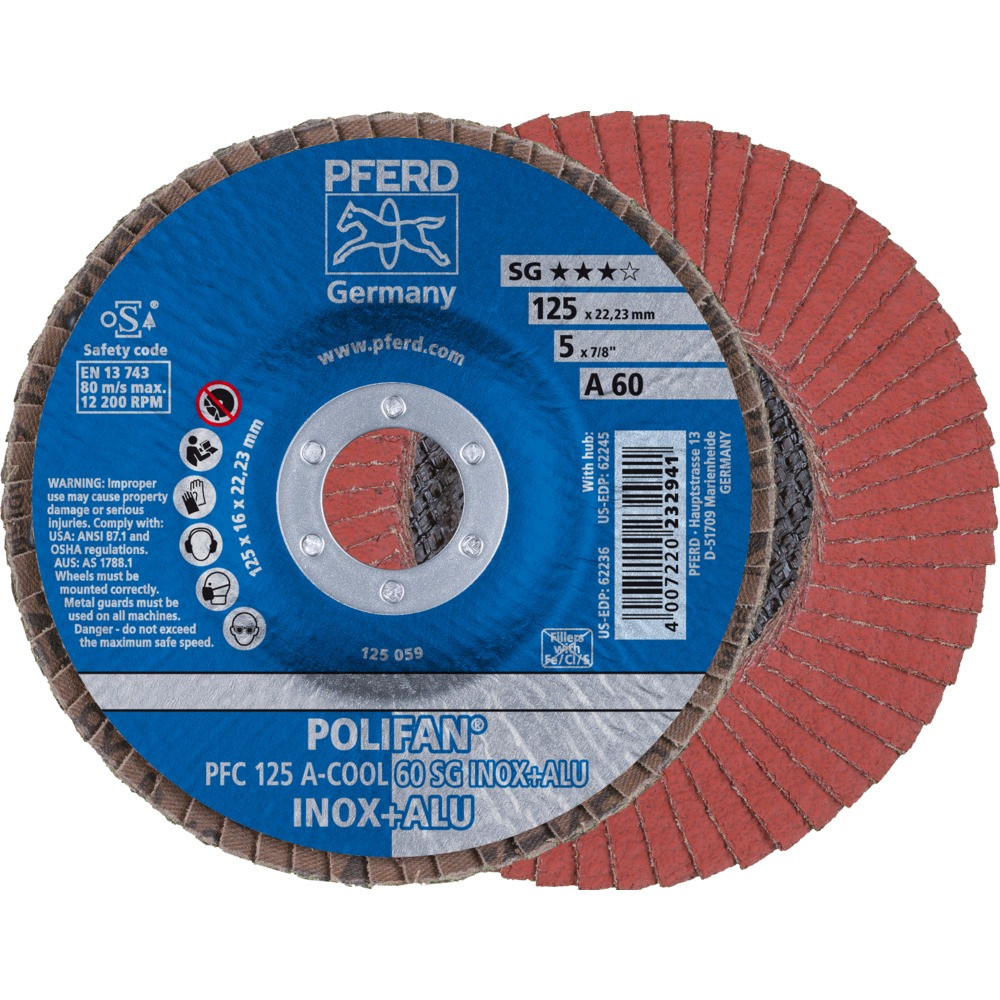 Круг (диск) шлифовальный торцевой лепестковый 125 мм POLIFAN PFC 125 А-COOL 60 SG INOX+ALU, Pferd, Германия