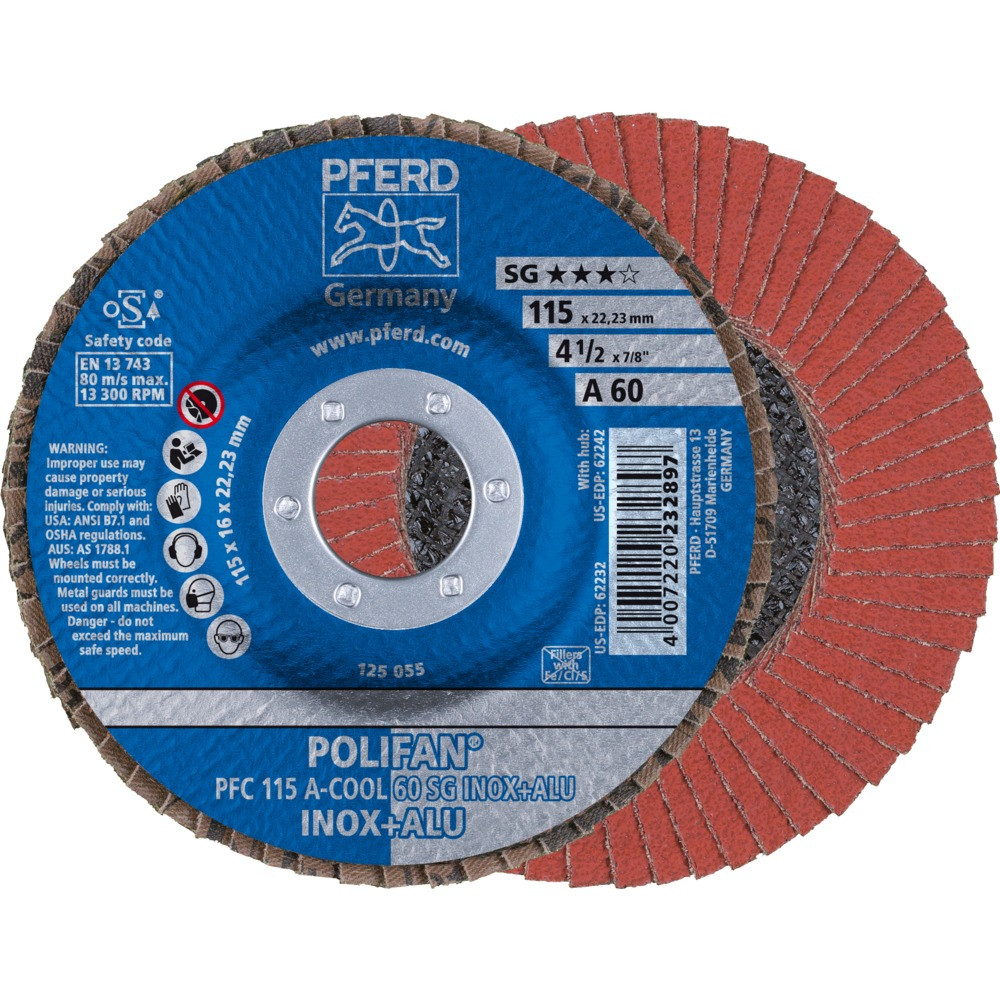 Круг (диск) шлифовальный торцевой лепестковый 115 мм POLIFAN PFC 115 А-COOL 60 SG INOX+ALU, Pferd, Германия