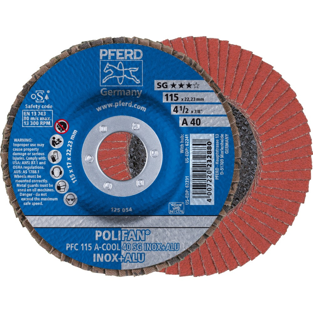 Круг (диск) шлифовальный торцевой лепестковый 115 мм POLIFAN PFC 115 А-COOL 40 SG INOX+ALU, Pferd, Германия