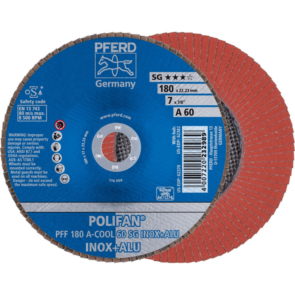 Круг (диск) шлифовальный торцевой лепестковый 180 мм POLIFAN PFF 180 А-COOL 60 SG INOX+ALU, Pferd, Германия