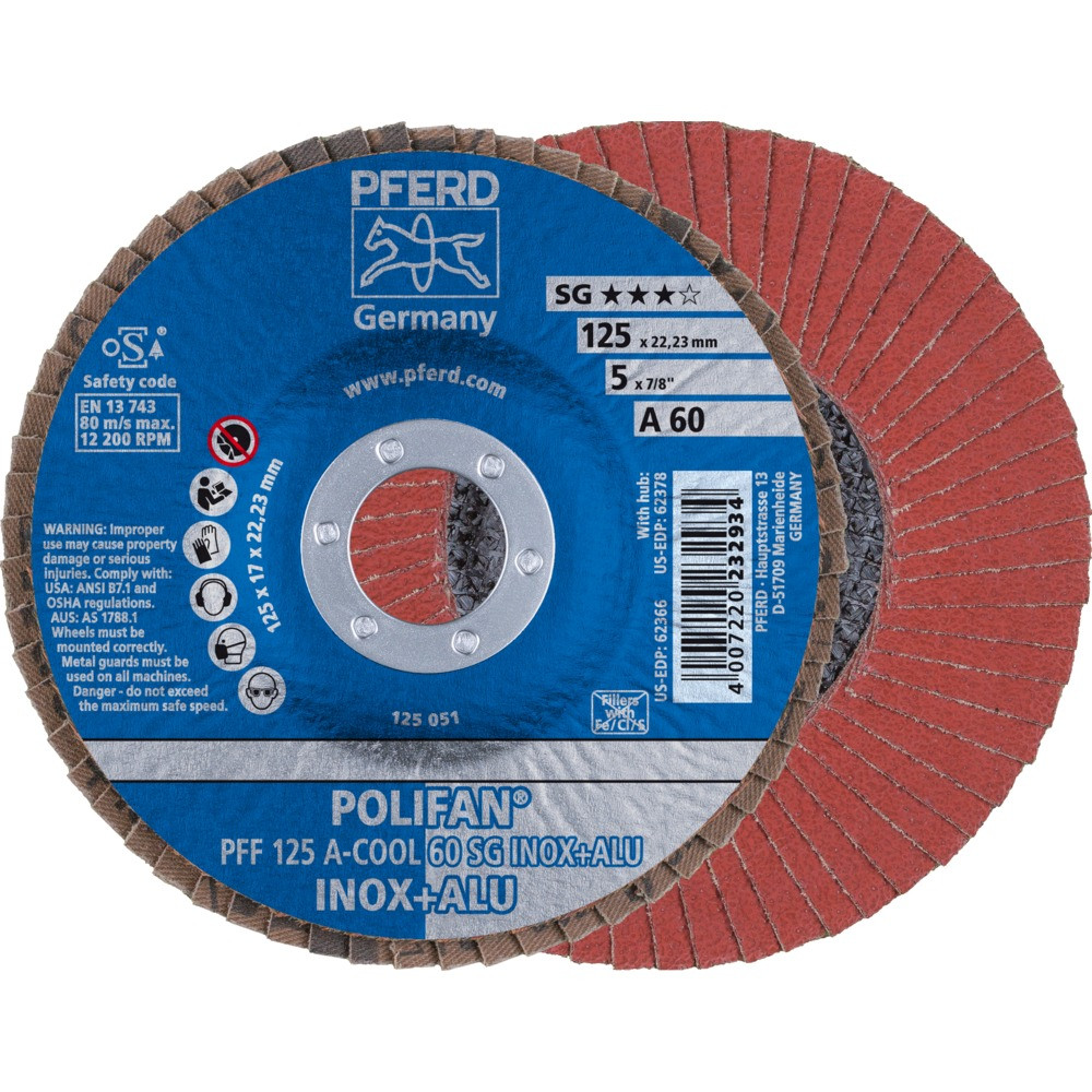 Круг (диск) шлифовальный торцевой лепестковый 125 мм POLIFAN PFF 125 А-COOL 60 SG INOX+ALU, Pferd, Германия