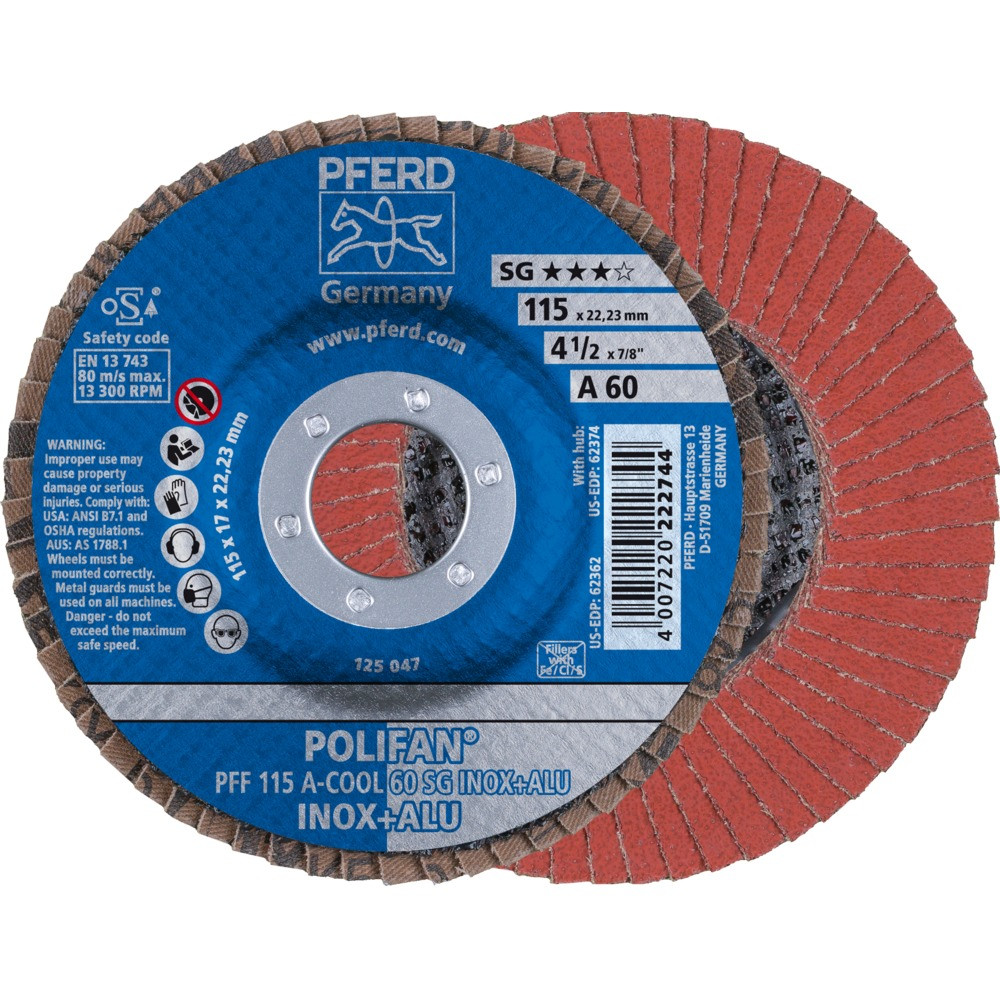 Круг (диск) шлифовальный торцевой лепестковый 115 мм POLIFAN PFF 115 А-COOL 60 SG INOX+ALU, Pferd, Германия