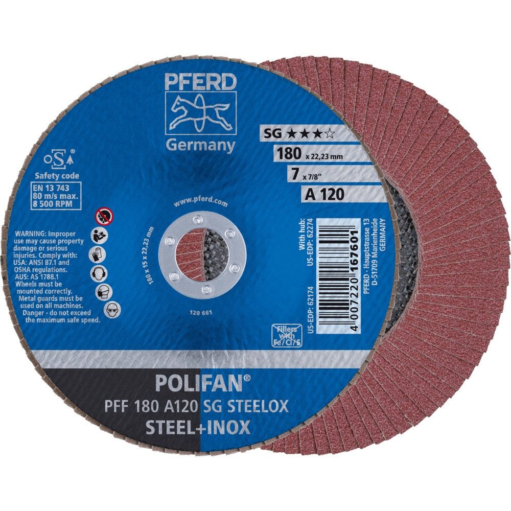 Круг (диск) шлифовальный торцевой лепестковый 180 мм POLIFAN PFF 180 А120 SG STEELOX, Pferd, Германия