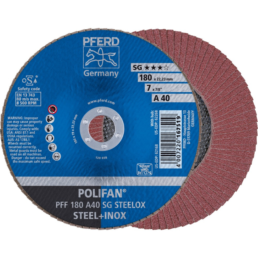 Круг (диск) шлифовальный торцевой лепестковый 180 мм POLIFAN PFF 180 А40 SG STEELOX, Pferd, Германия