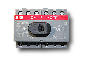 Выключатель нагрузки реверсивный ABB OT25F3C, 3P, схема I-0-II, без рукоятки (рубильник)