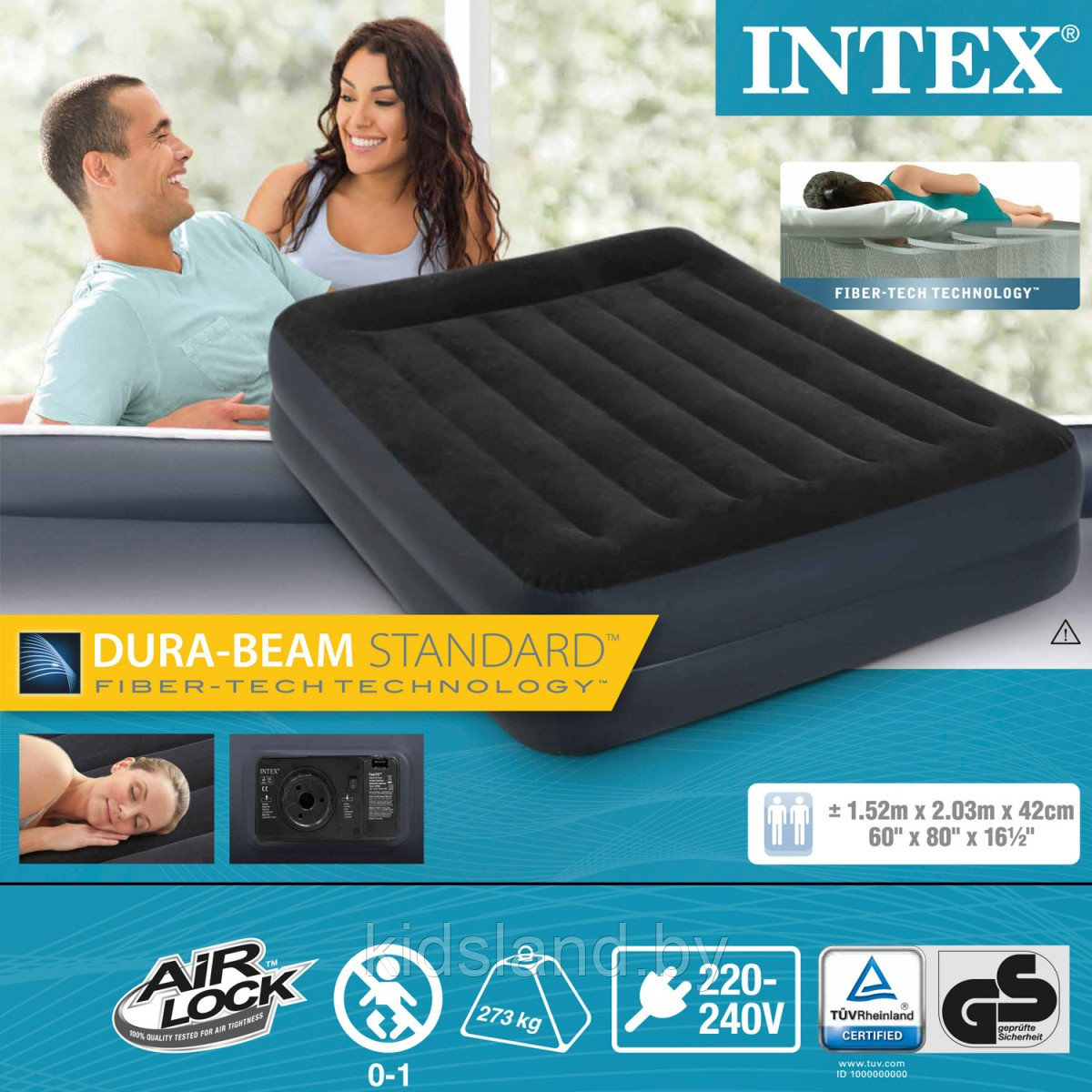 Надувная кровать Intex 152х203х42см, 64124, встроенный насос 220V, Pillow Rest Raised Bed - фото 2 - id-p65572474