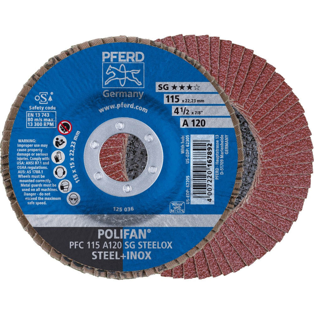 Круг (диск) шлифовальный торцевой лепестковый 115 мм POLIFAN PFC 115 А120 SG STEELOX, Pferd, Германия