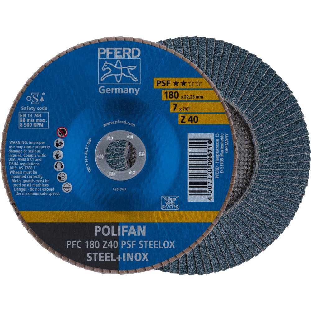 Круг (диск) шлифовальный торцевой лепестковый 180 мм POLIFAN PFC 180 Z40 PSF STEELOX, Pferd, Германия