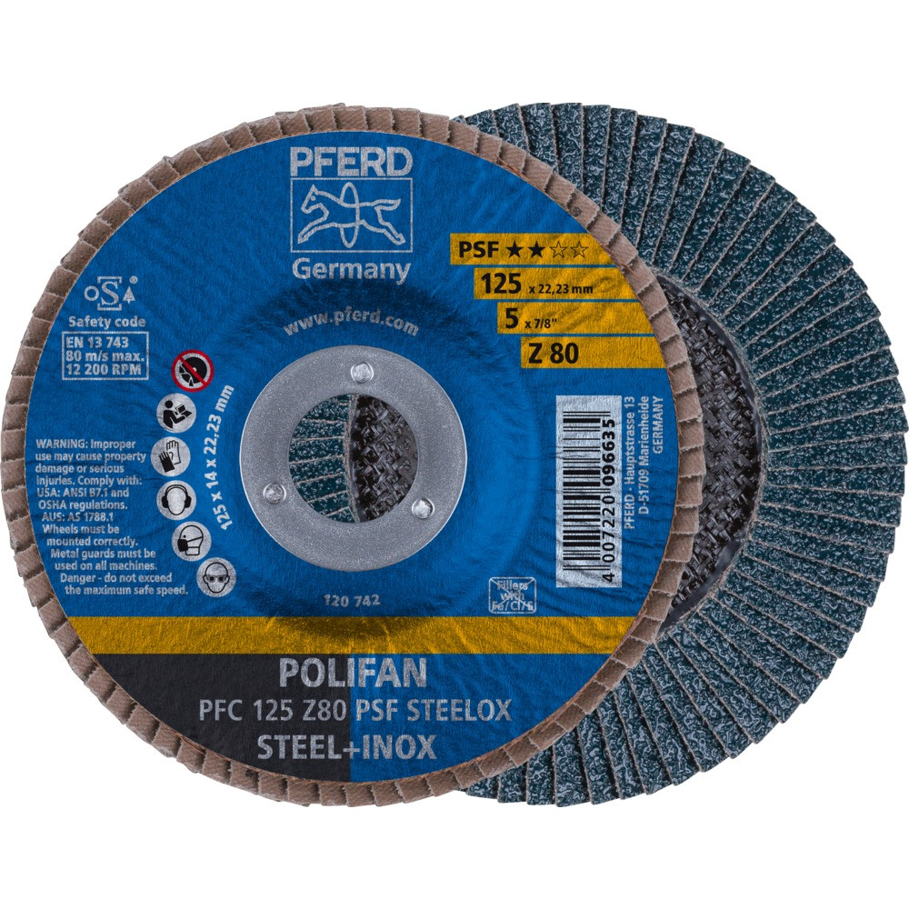 Круг (диск) шлифовальный торцевой лепестковый 125 мм POLIFAN PFC 125 Z80 PSF STEELOX, Pferd, Германия - фото 2 - id-p114880730