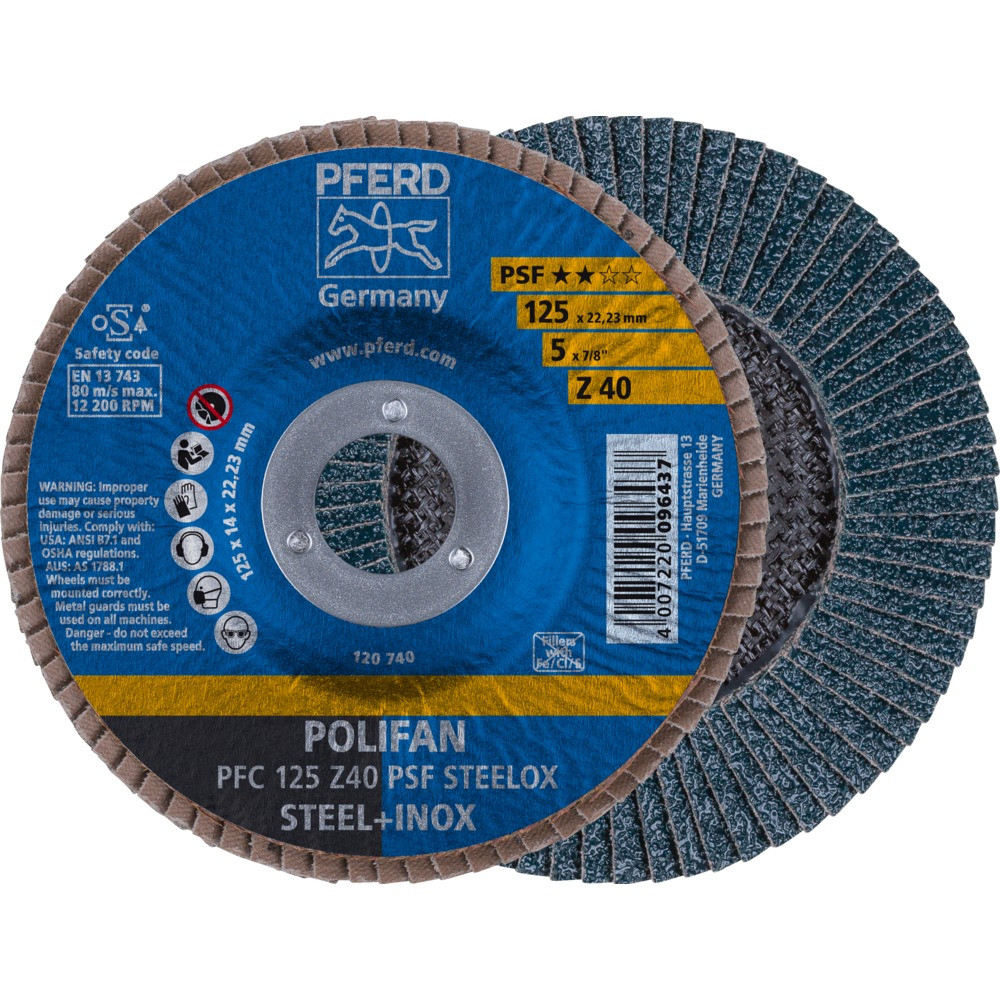 Круг шлифовальный торцевой лепестковый 125 мм POLIFAN PFC 125 Z40 PSF STEELOX Pferd - фото 2 - id-p114880728