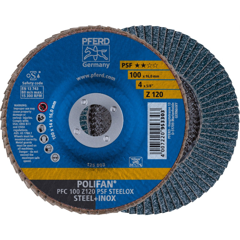 Круг (диск) шлифовальный торцевой лепестковый 100 мм POLIFAN PFC 100 Z120 PSF STEELOX, Pferd, Германия - фото 1 - id-p114880723