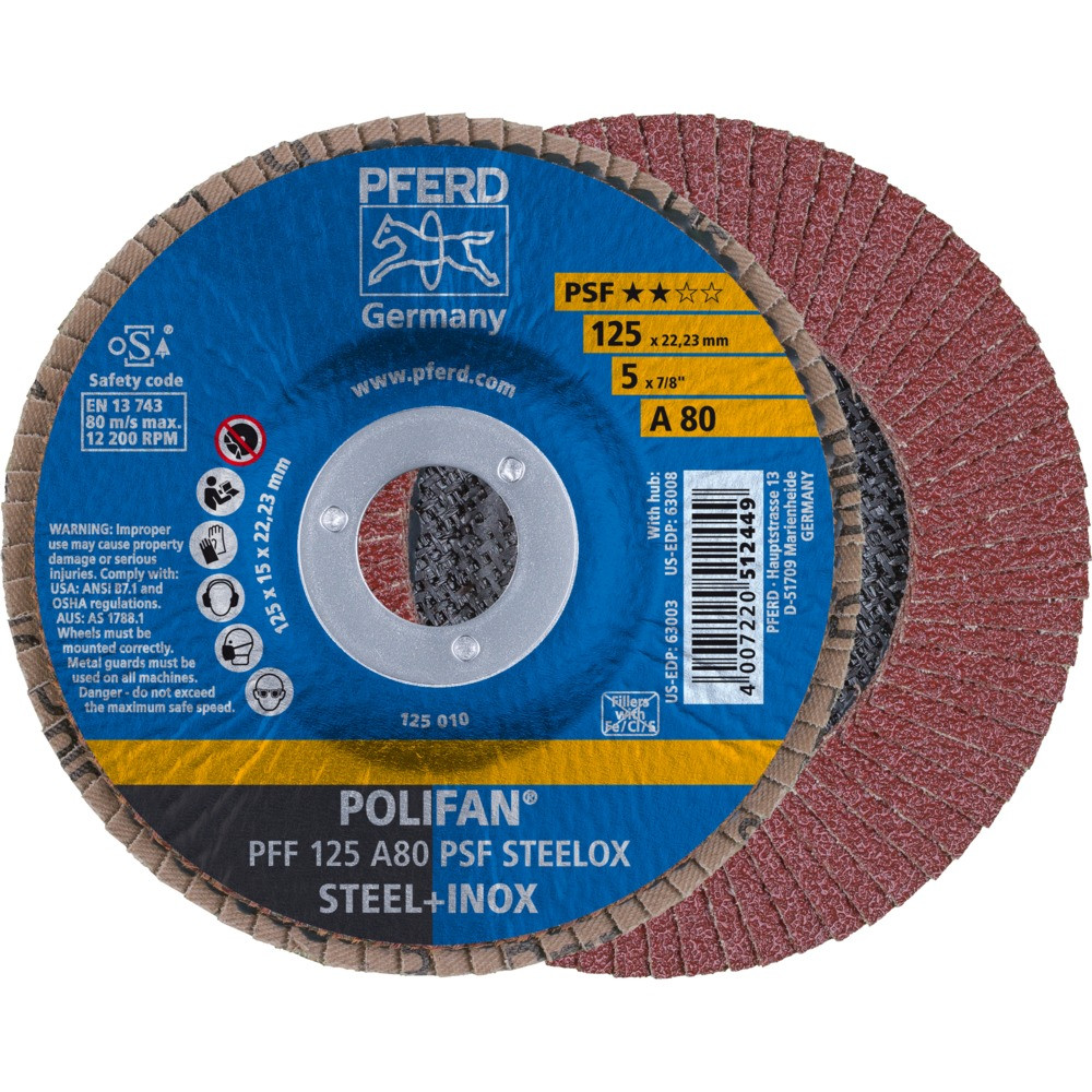 Круг (диск) шлифовальный торцевой лепестковый 125 мм POLIFAN PFF 125 A80 PSF STEELOX, Pferd, Германия