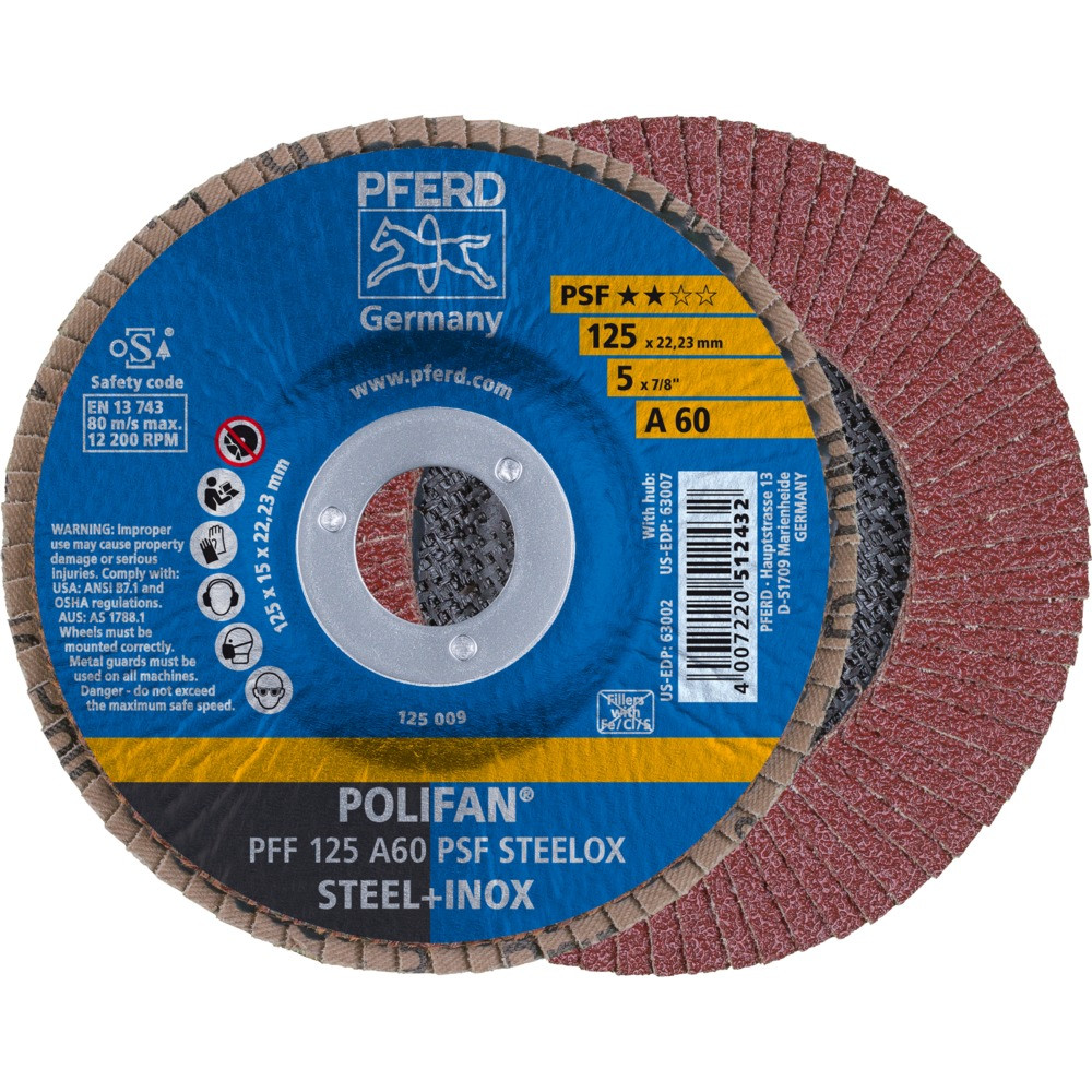 Круг (диск) шлифовальный торцевой лепестковый 125 мм POLIFAN PFF 125 A60 PSF STEELOX, Pferd, Германия