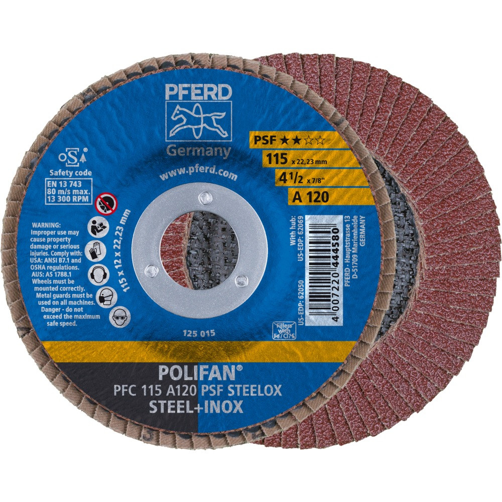 Круг (диск) шлифовальный торцевой лепестковый 115 мм POLIFAN PFC 115 A120 PSF STEELOX, Pferd, Германия - фото 1 - id-p114880694