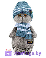 Мягкая игрушка кот Басик в голубой вязаной шапке и шарфе (В1) 30 см