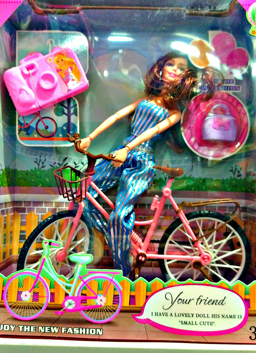 Шарнирная детская Кукла аналог барби на велосипеде, фотоаппаратом и сумкой арт.2804