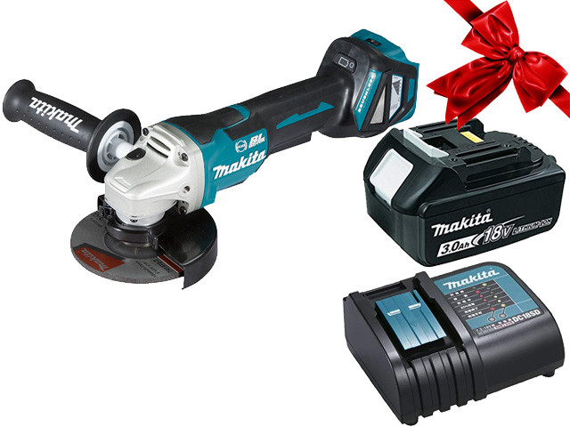 Аккум. углошлифмашина MAKITA DGA 518 ZU в кор. + АКЦИЯ (BL1830B + DC18RC) (18.0 В, 1 акк., 3.0 А/ч, Li-Ion, диск 125х22.0 мм, вибро)