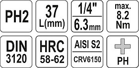 Головка 1/4"-вставка PH2 L 37мм "Yato" YT-04412, фото 3