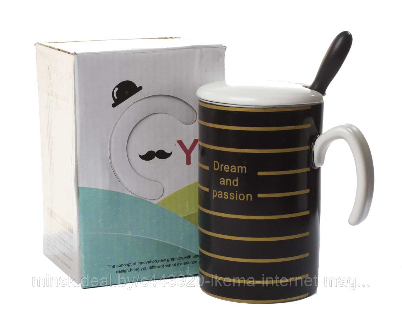 Кружка с ложкой и крышкой MUG-175, 340мл., инд. упаковка.