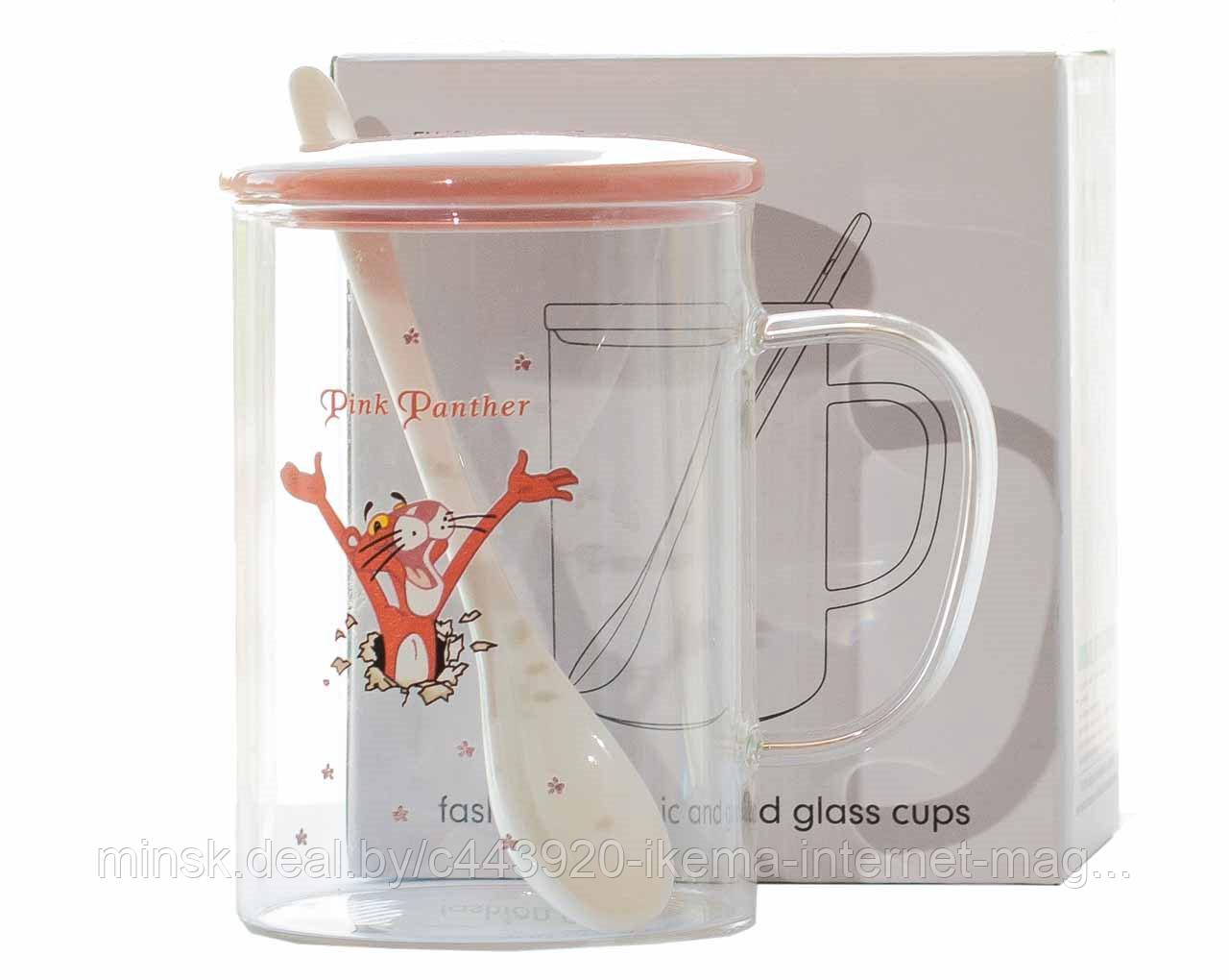 Кружка стеклянная прозрачная с ложкой и крышкой MUG-223  420мл  8,8х11,2см