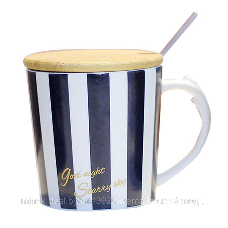 Кружка полосатая с ложкой и крышкой MUG-240  360мл