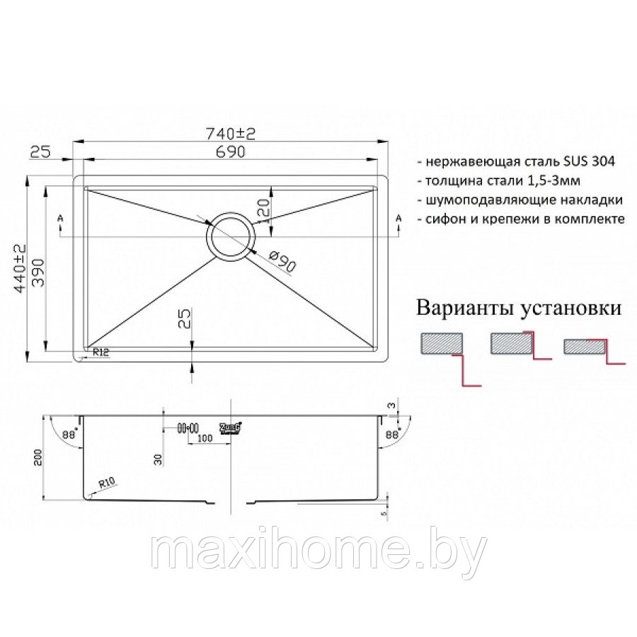 Мойка ZORG PVD 7444 GRAFIT 3мм - фото 2 - id-p115728182