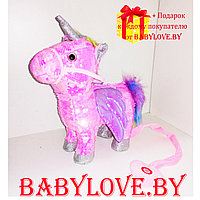 Мягкая игрушка  Пони-единорожка с пайетками, музыкальная на поводке,ходит lovely unicorn