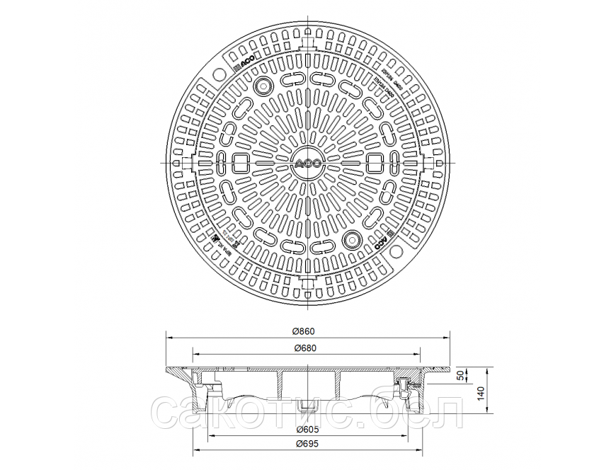Канализационный люк чугунный ACO CityTop P Bituplan 140 (без вентиляционных отверстий, 680мм) - фото 3 - id-p116088786