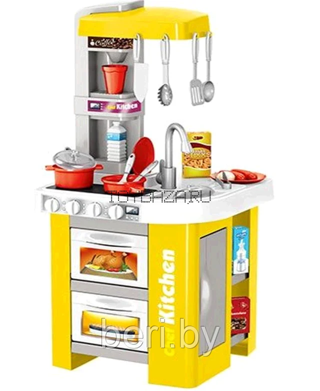 Детская игровая кухня 922-49A с настоящей водой, холодильником, свет, звук, 49 предмета, 73 см желтая, фото 1