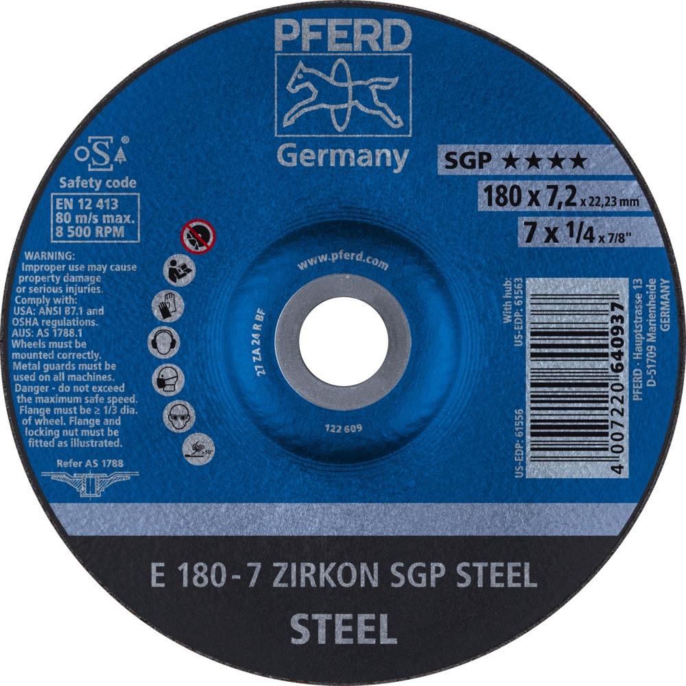 Круг зачистной (обдирочный) 180 мм, толщина 7,2 мм по металлу E 180-7 ZIRCON SGP STEEL, Pferd, Германия - фото 1 - id-p116190132