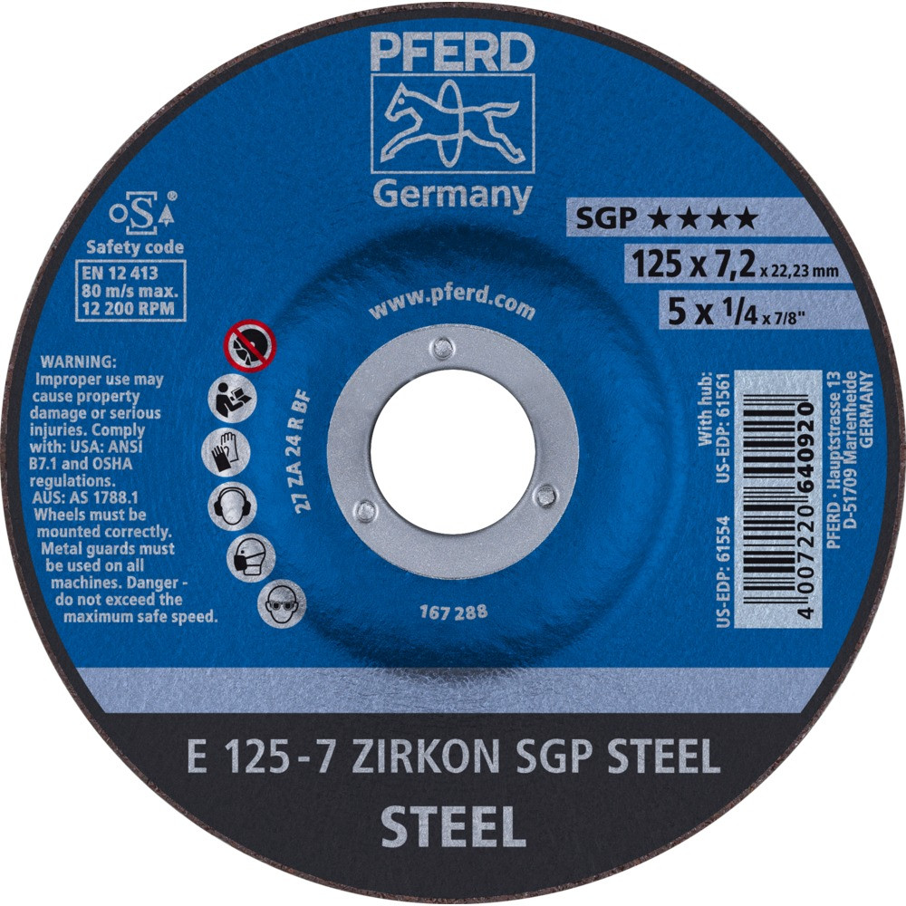 Круг зачистной (обдирочный) 125 мм, толщина 7,2 мм по металлу E 125-7 ZIRCON SGP STEEL, Pferd, Германия, фото 1