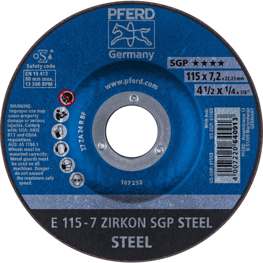 Круг зачистной (обдирочный) 115 мм, толщина 7,2 мм по металлу E 115-7 ZIRCON SGP STEEL, Pferd, Германия