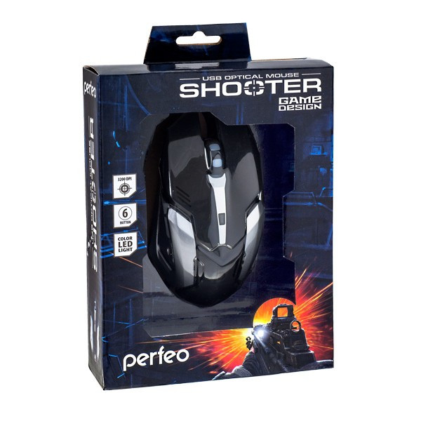 Мышь проводная оптическая Perfeo "SHOOTER", 6 кн., USB, черная, подсветка 6 цвет (PF-1709-GM) - фото 1 - id-p116346766