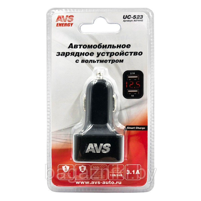 USB автомобильное зарядное устройство AVS 2 порта UC-523 (3А,черный) с вольтметром - фото 1 - id-p116406059