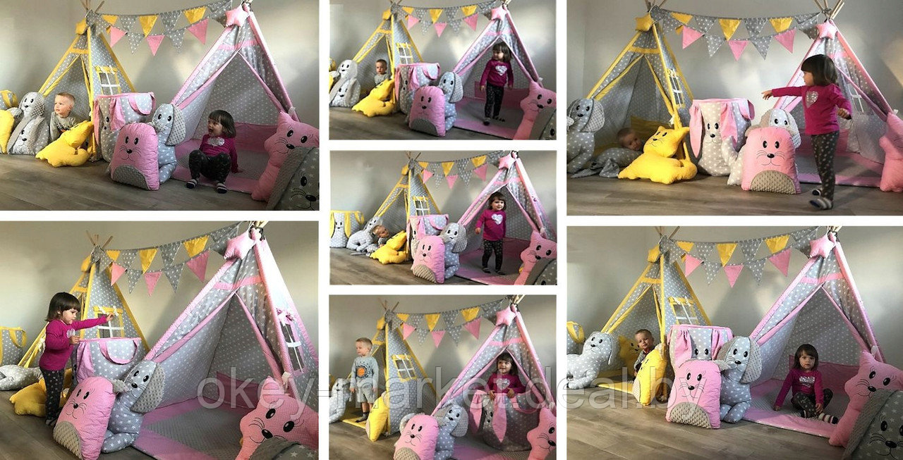 Детский вигвам Tipi + 4 игрушки , розово-серый - фото 5 - id-p116549470