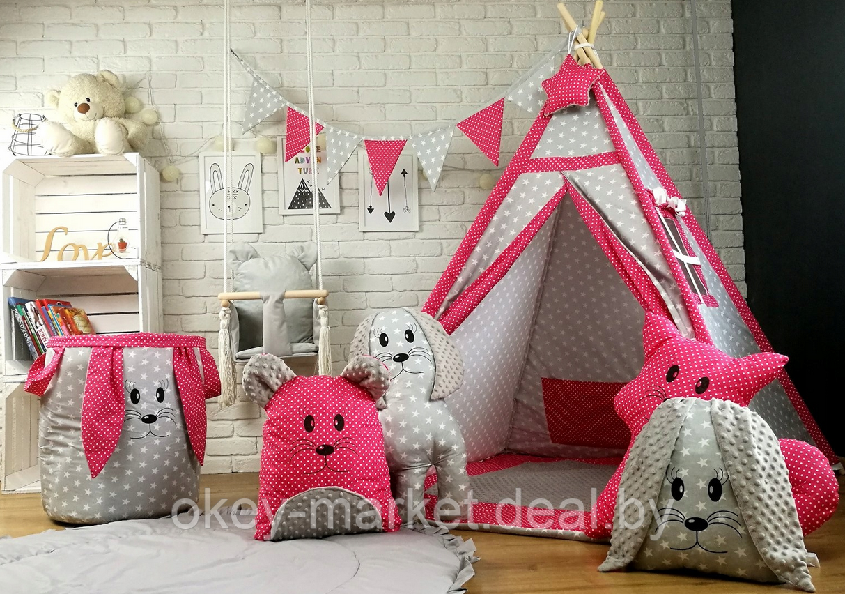 Детский вигвам Tipi + 4 игрушки , малиново-серый - фото 2 - id-p116549954