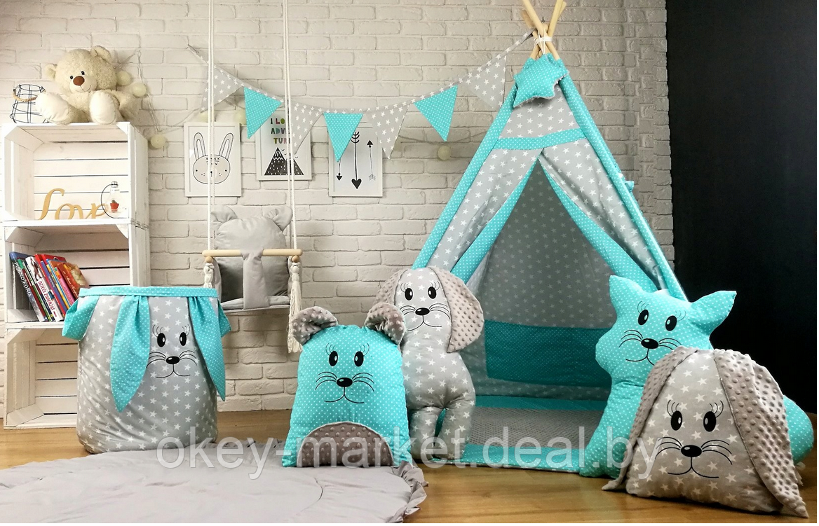 Детский вигвам Tipi + 4 игрушки , серо-бирюзовый - фото 1 - id-p116550142