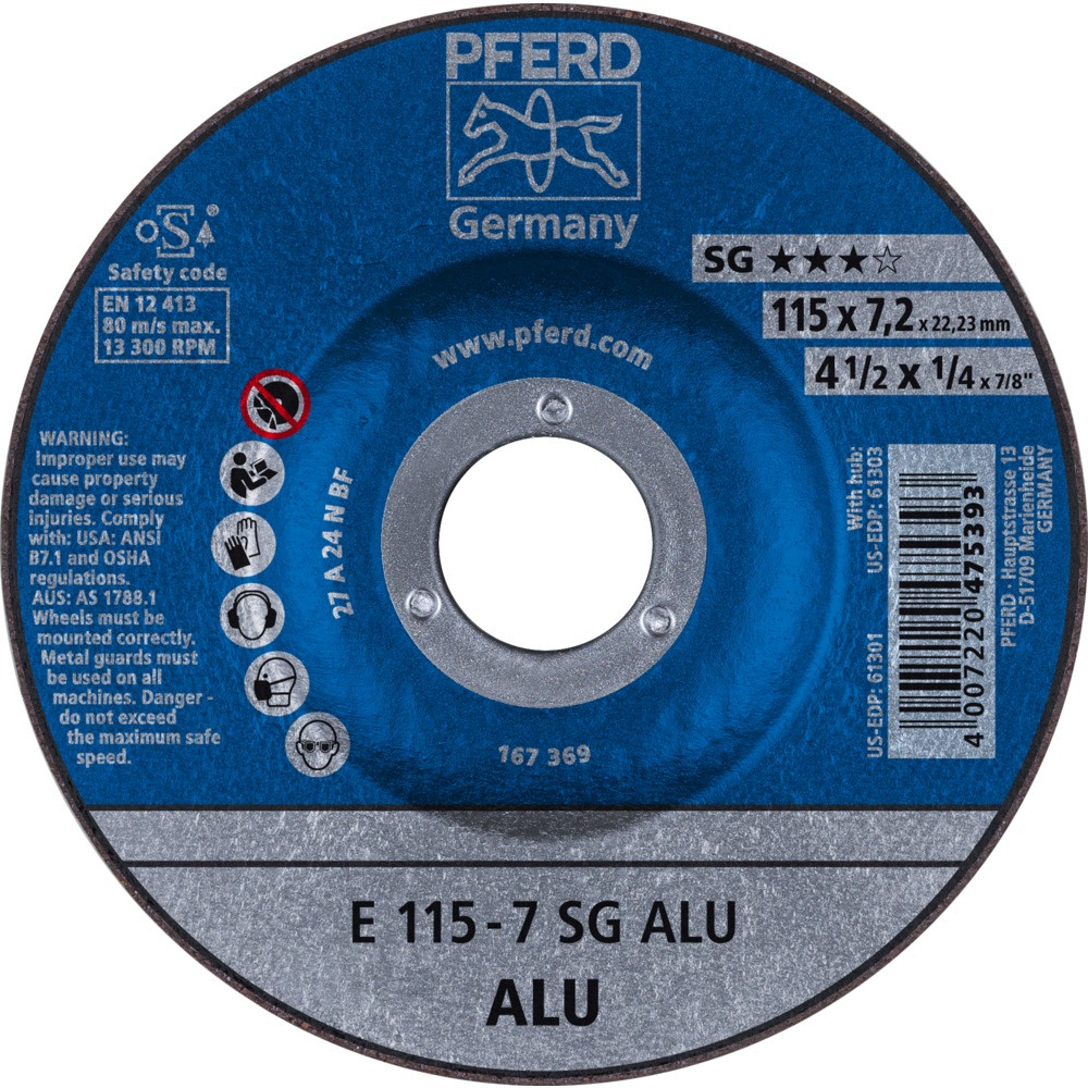 Круг зачистной (обдирочный) 115 мм, толщина 7,2 мм по алюминию E 115-7 SG ALU, Pferd, Германия