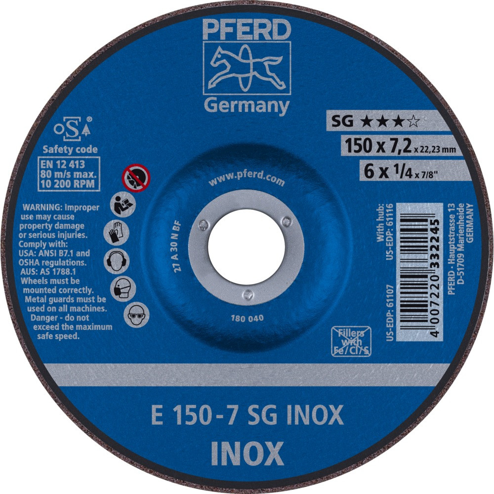 Круг зачистной (обдирочный) 150 мм, толщина 7,2 мм по нержавеющей стали  E 150-7 SG INOX, Pferd, Германия, фото 1