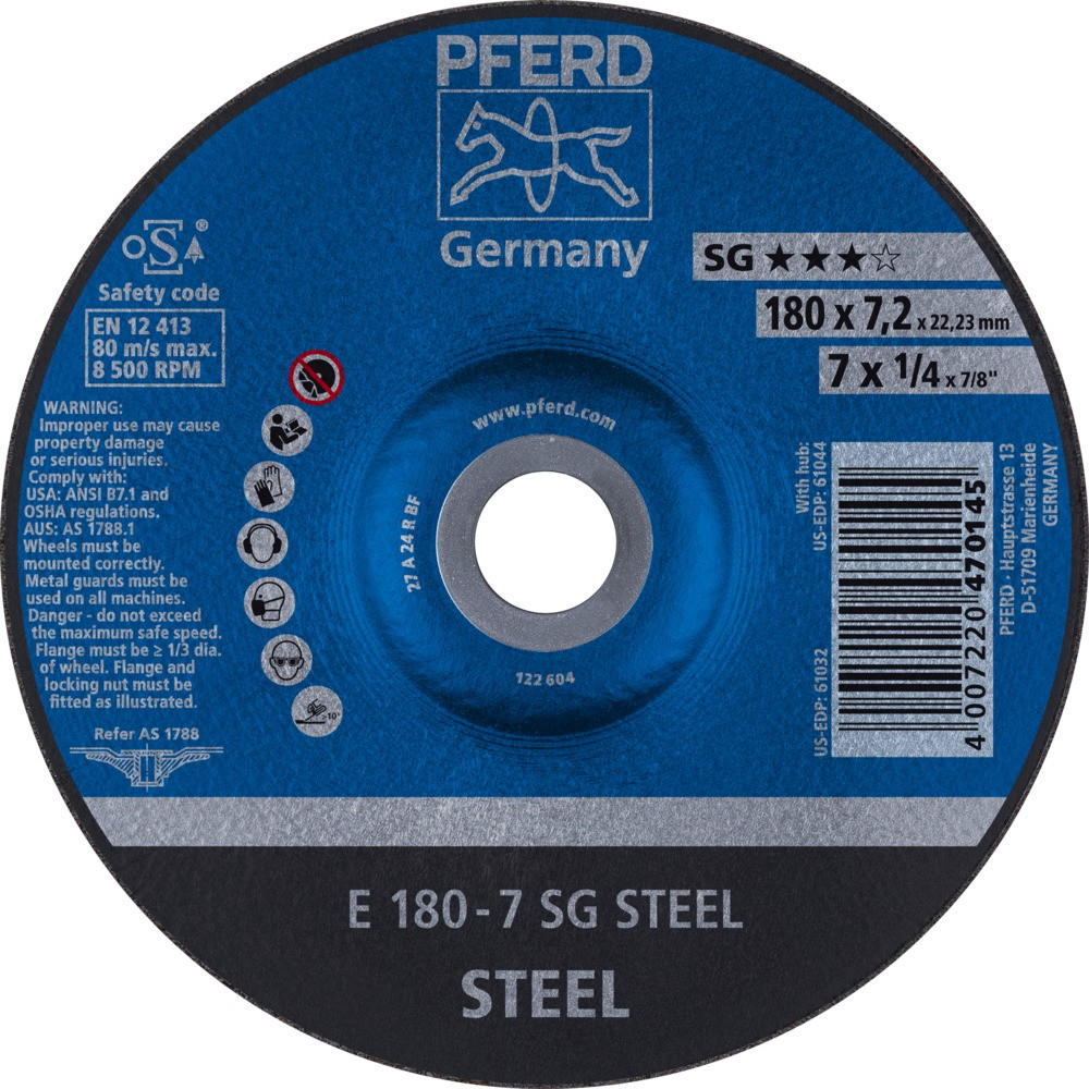 Круг зачистной (обдирочный) 180 мм, толщина 7,2 мм по стали  E 180-7 SG STEEL, Pferd, Германия, фото 1