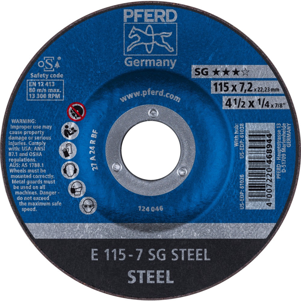 Круг зачистной (обдирочный) 115 мм, толщина 7,2 мм по стали  E 115-7 SG STEEL, Pferd, Германия