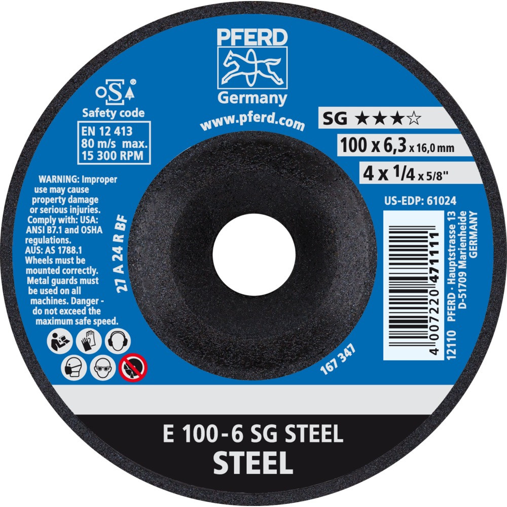 Круг зачистной (обдирочный) 100 мм, толщина 6,3 мм по стали  E 100-6 SG STEEL, Pferd, Германия