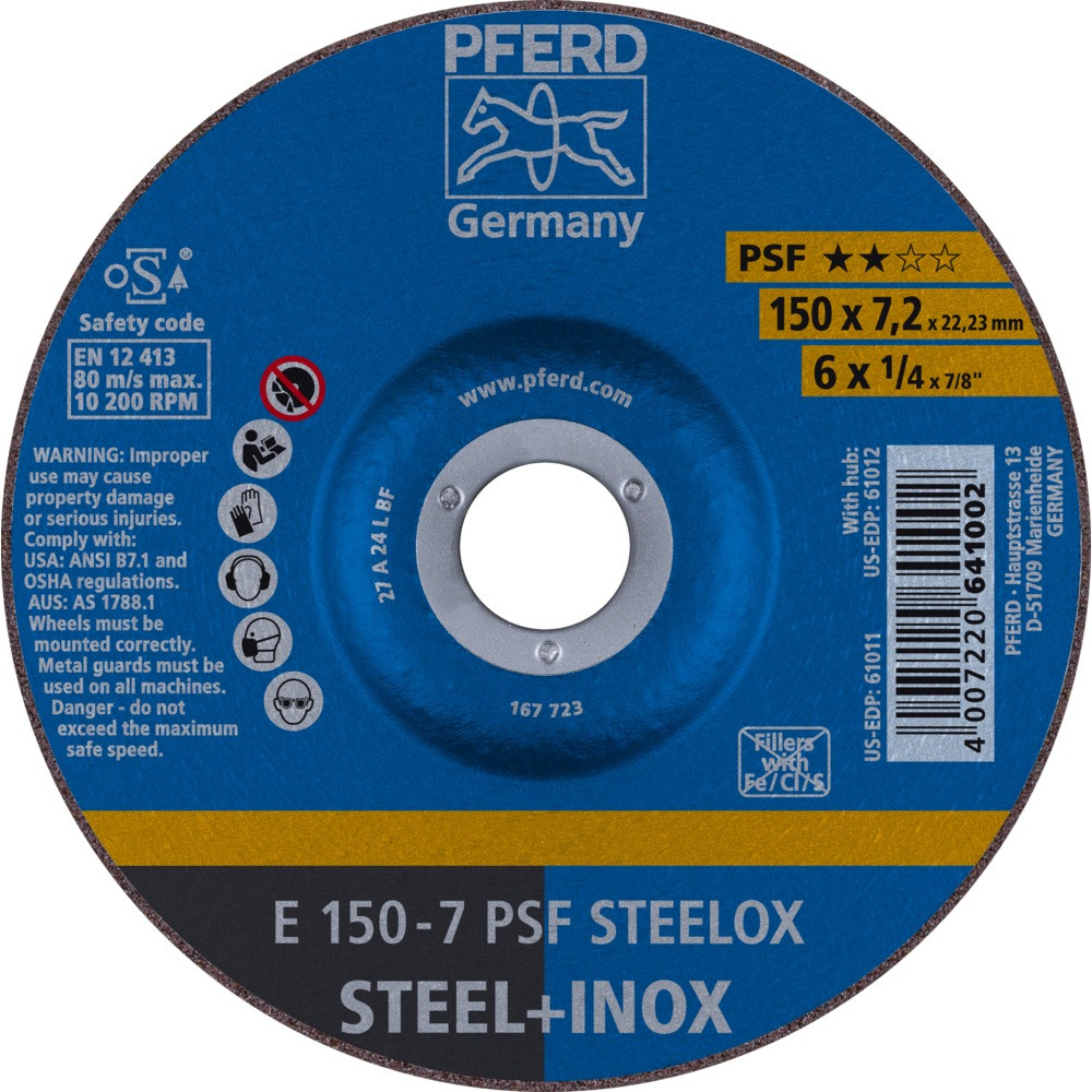 Круг зачистной (обдирочный) 150 мм, толщина 7,2 мм по стали и нержавеющей стали E 150-7 PSF STEELOX, Pferd