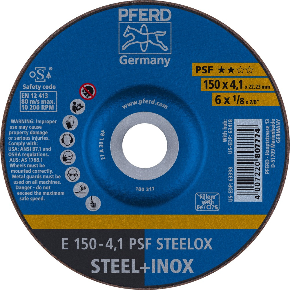 Круг зачистной (обдирочный) 150 мм, толщина 4,1 мм по стали и нержавеющей стали E 150-4,1 PSF STEELOX, Pferd - фото 1 - id-p116190086