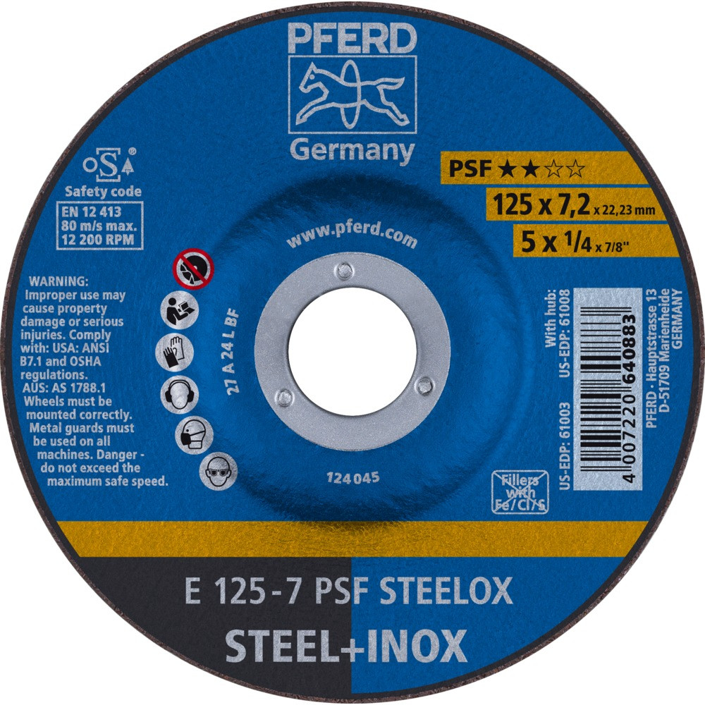 Круг зачистной 125 мм 7,2 мм по стали и нержавеющей стали E 125-7 PSF STEELOX Pferd