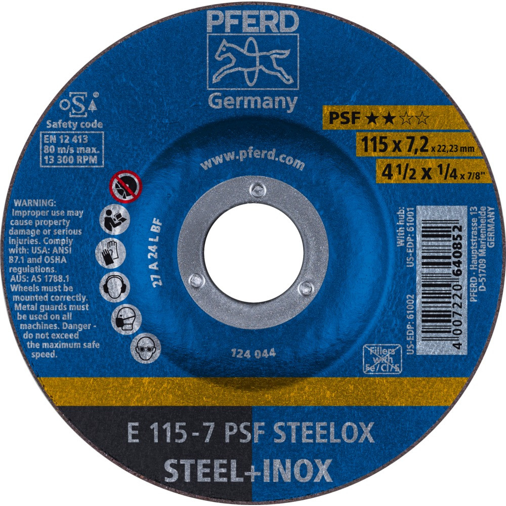 Круг зачистной (обдирочный) 115 мм, толщина 7,2 мм по стали и нержавеющей стали E 115-7 PSF STEELOX, Pferd