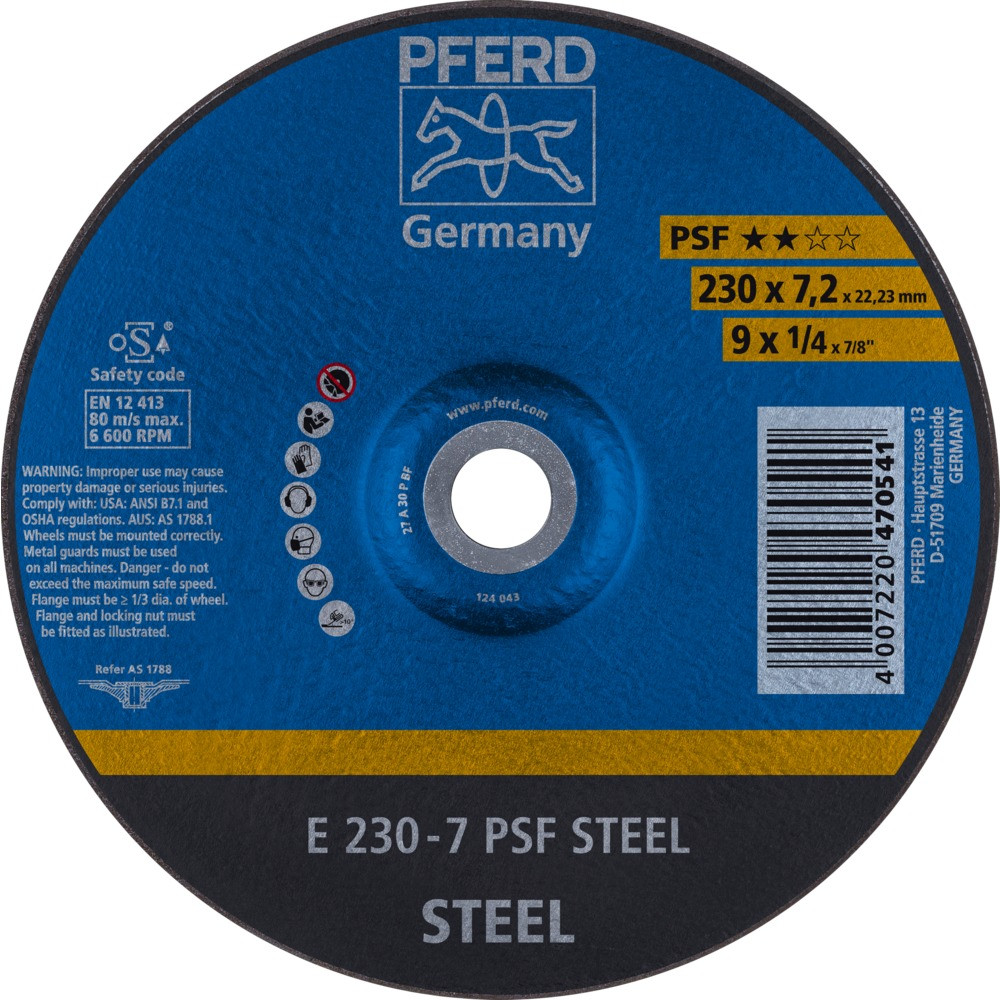 Круг зачистной (обдирочный) 230 мм, толщина 7,2 мм по стали  E 230-7 PSF STEEL, Pferd, Германия