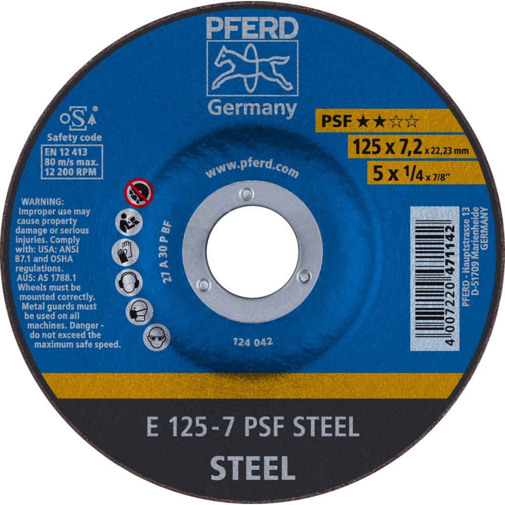 Круг зачистной (обдирочный) 125 мм, толщина 7,2 мм по стали  E 125-7 PSF STEEL, Pferd, Германия
