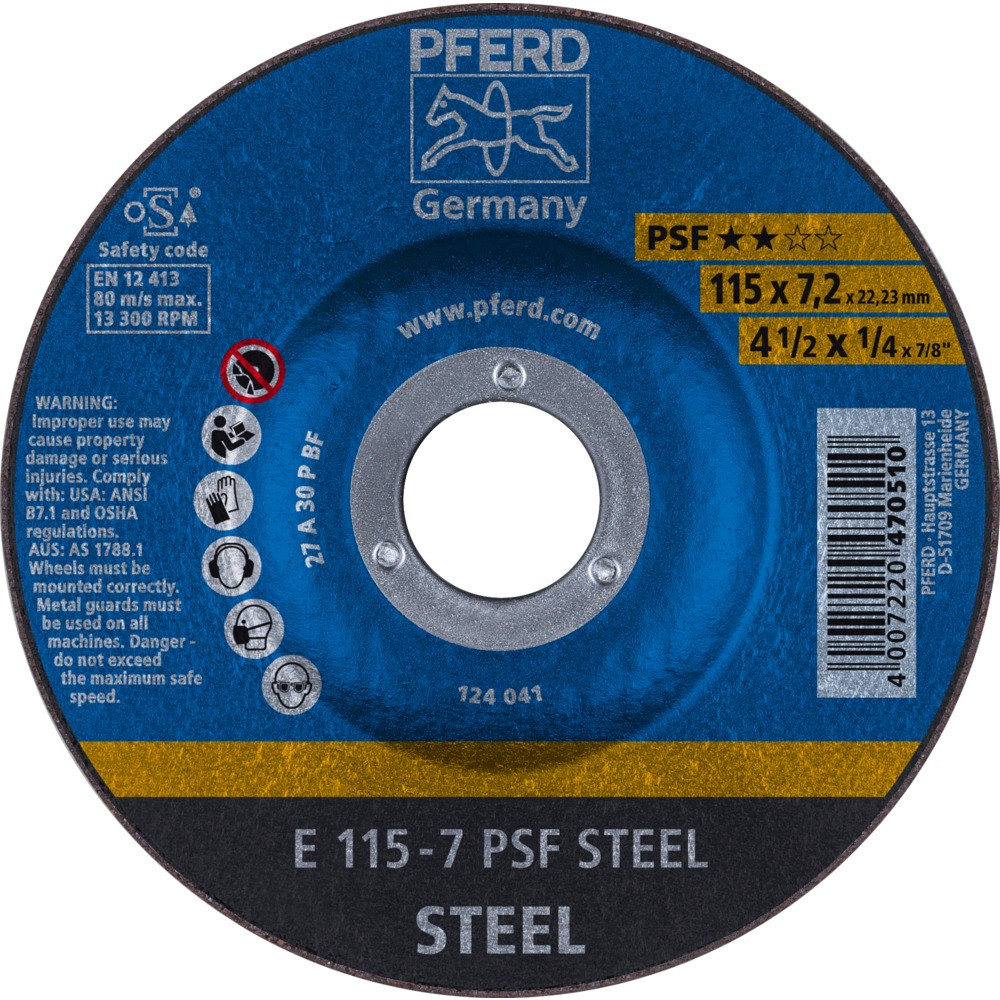 Круг зачистной (обдирочный) 115 мм, толщина 7,2 мм по стали  E 115-7 PSF STEEL, Pferd, Германия